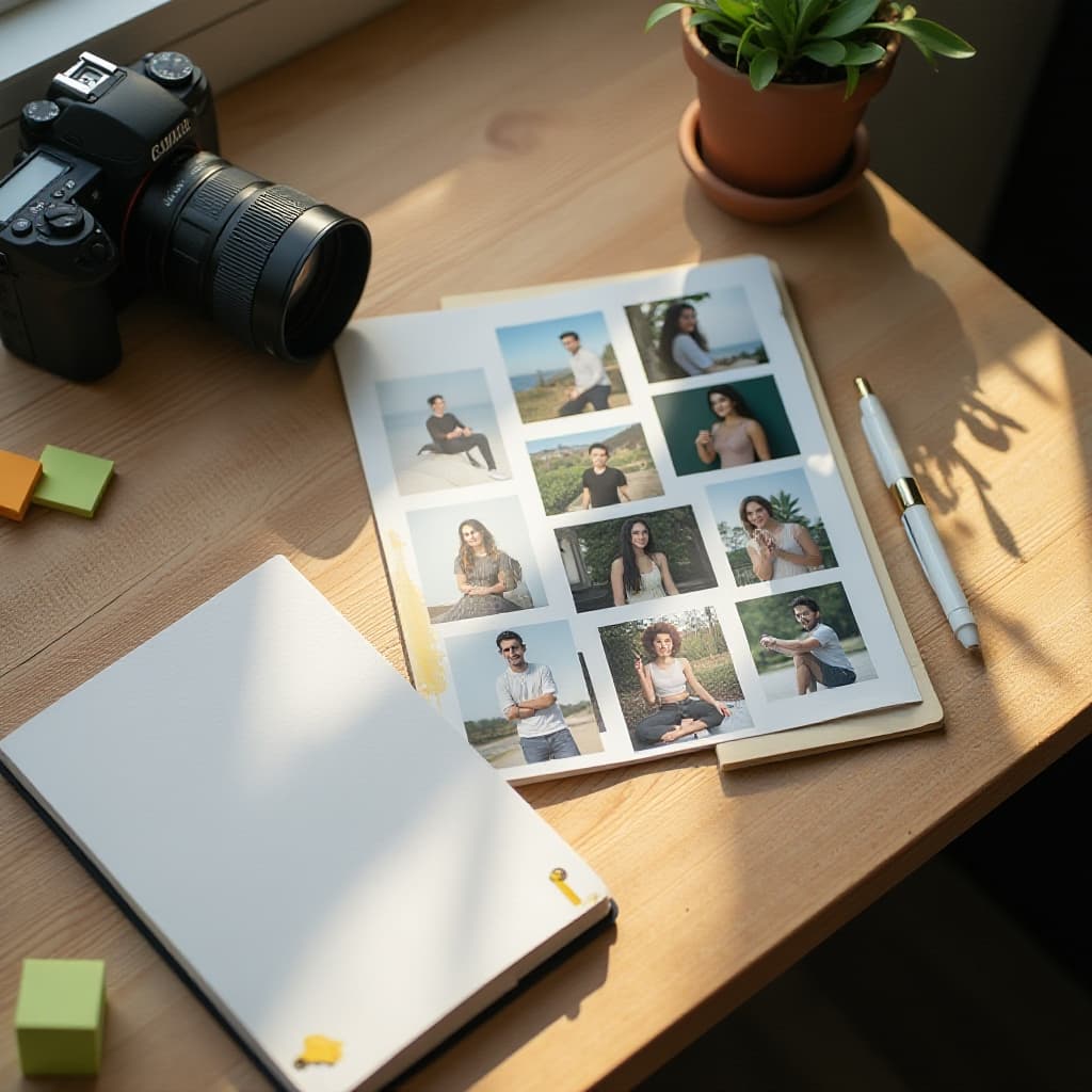 Zorgvuldig samengesteld moodboard met camera en notitieboek als beeld voor fotografie met richting